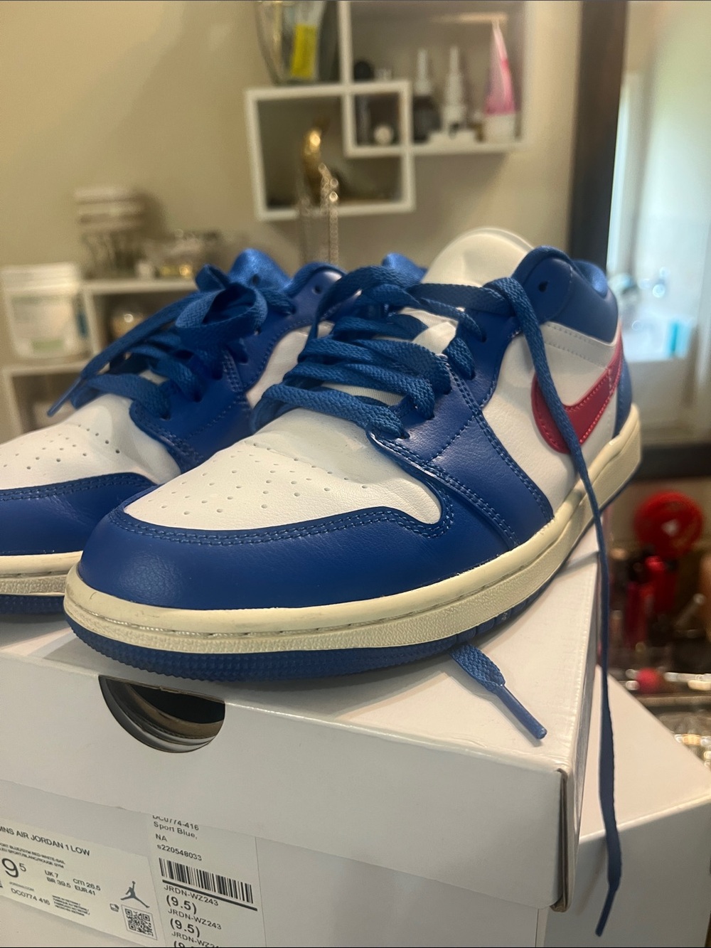 Jordan Low Top Sneakers in Blue, White, Pink Swoosh